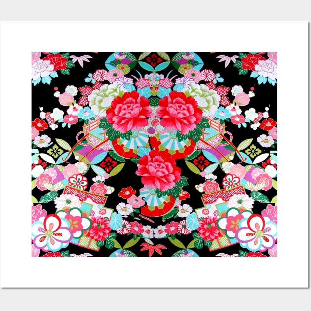 ANTIQUE JAPANESE FLOWERS Pink Blue Black Kimono Style Floral Wall Art by BulganLumini